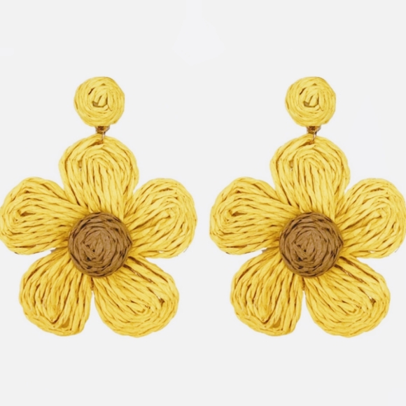 Oversized Yellow Wicker Flower Power Earrings Boho Summer Big Raffia Flowers - Picture 4 of 4